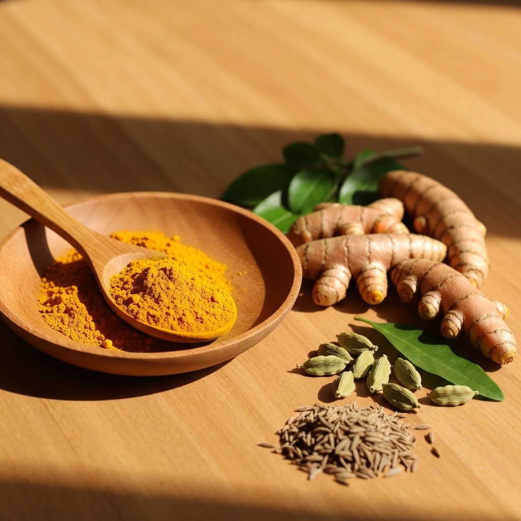 Traditional turmeric preparation in wooden dish with fresh roots